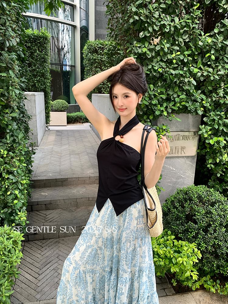 Halter Neck Slit Plain Top Crop Camisole