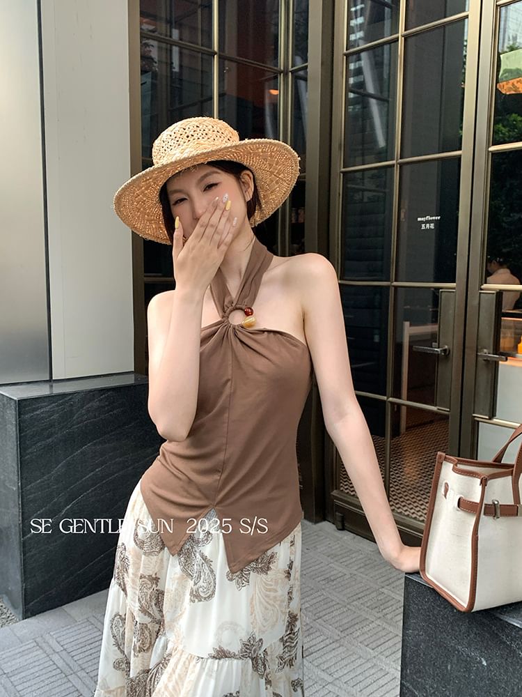 Halter Neck Slit Plain Top Crop Camisole