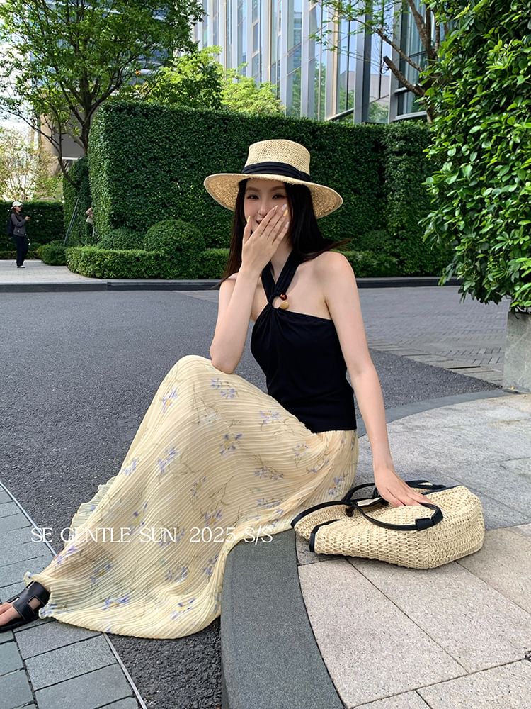 Halter Neck Slit Plain Top Crop Camisole