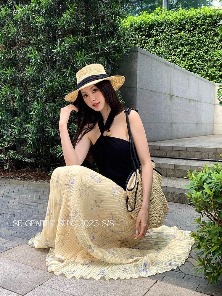 Halter Neck Slit Plain Top Crop Camisole