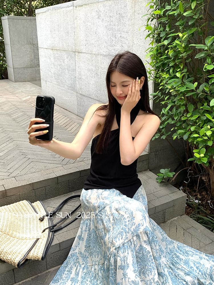 Halter Slit Camisole Top Neck Plain Crop