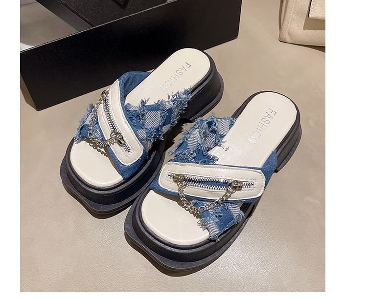 Detail Sandals Platform Slide Chain Zipped Cross Chunky Strap Heel