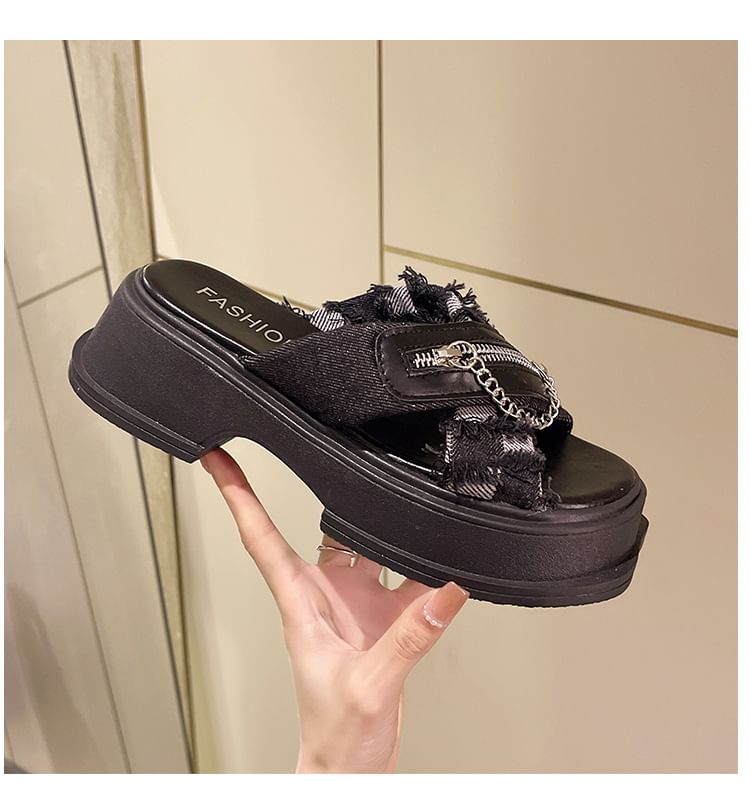 Detail Sandals Platform Slide Chain Zipped Cross Chunky Strap Heel