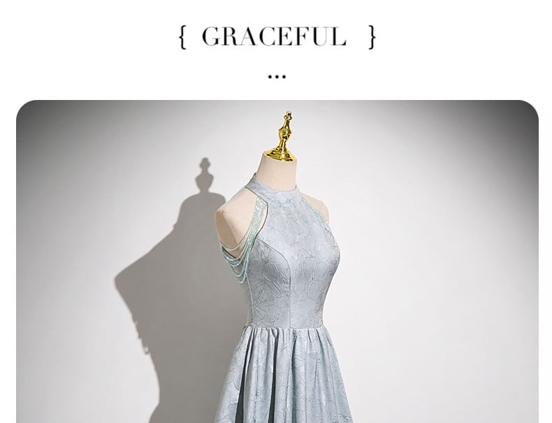 Evening Halter Crystal Neck A-Line Jacquard Fringed Faux Gown Floral