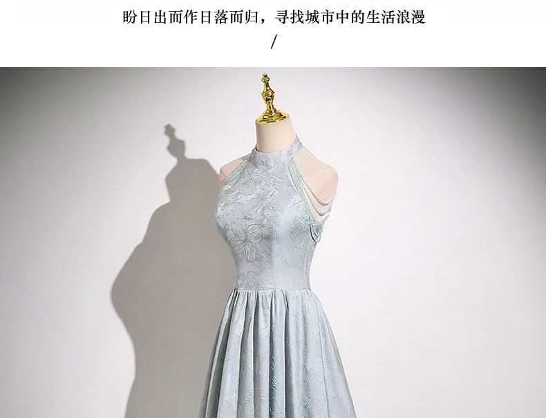 Evening Halter Crystal Neck A-Line Jacquard Fringed Faux Gown Floral