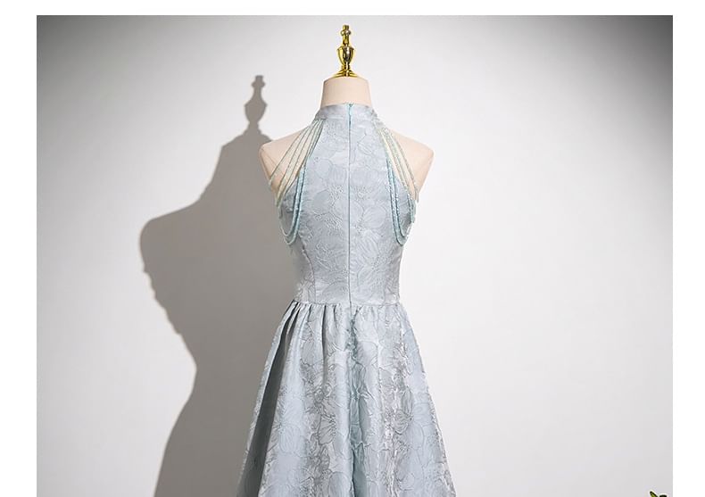 Evening Halter Crystal Neck A-Line Jacquard Fringed Faux Gown Floral