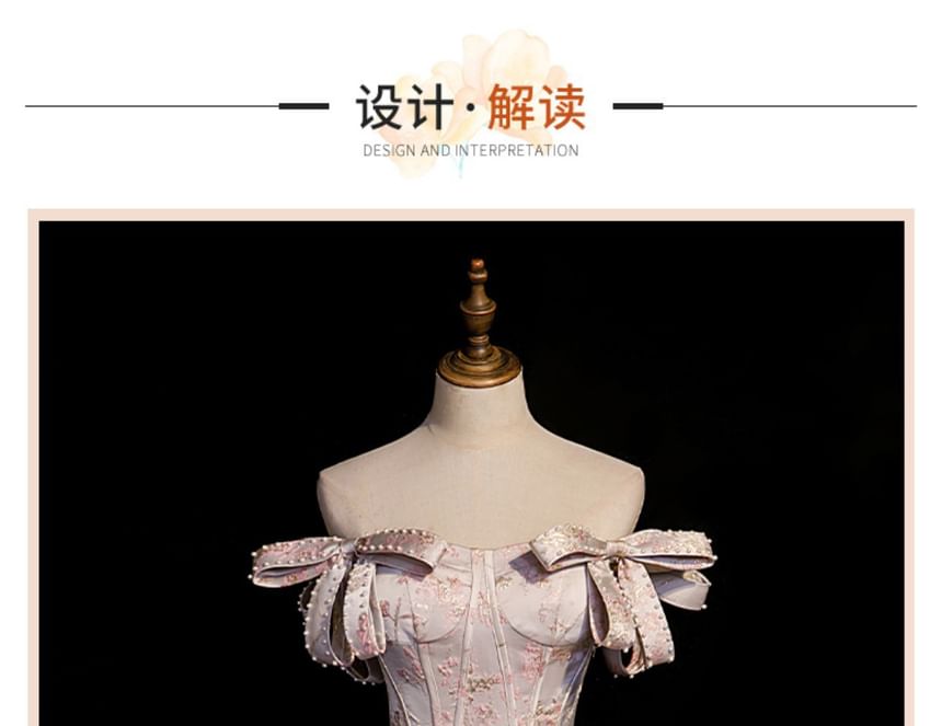 Floral Evening Faux Gown Off-Shoulder Pearl Jacquard A-Line Bow