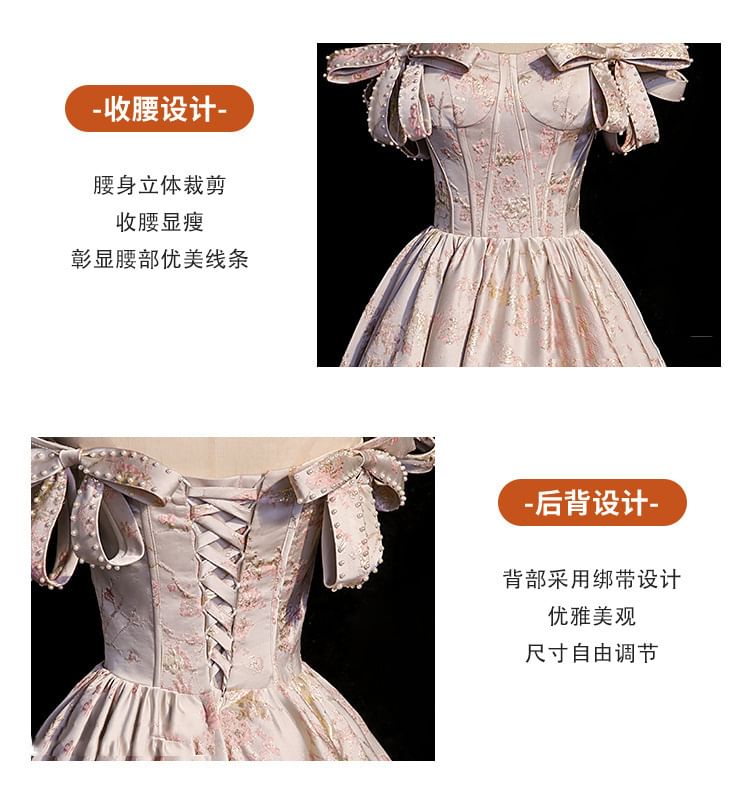 Floral Evening Faux Gown Off-Shoulder Pearl Jacquard A-Line Bow