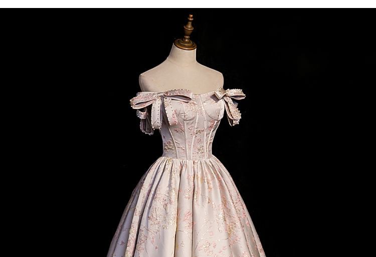 Floral Evening Faux Gown Off-Shoulder Pearl Jacquard A-Line Bow