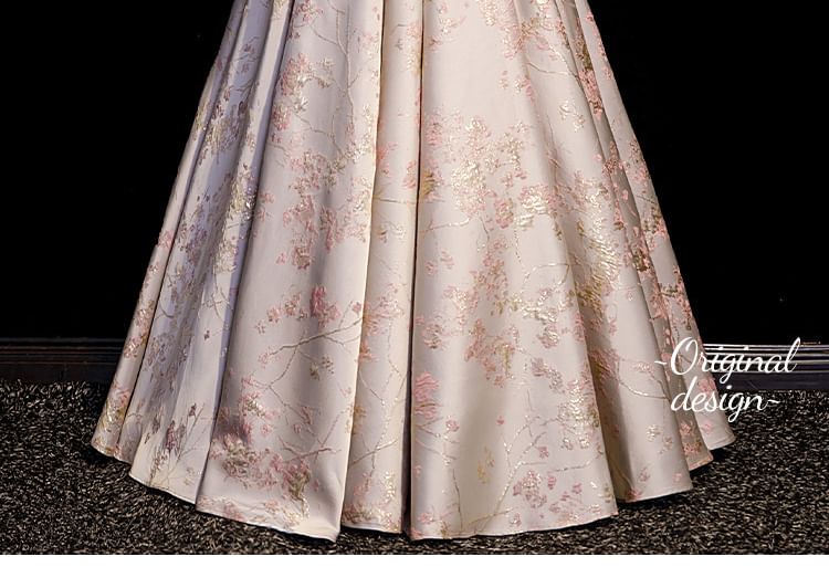 Floral Evening Faux Gown Off-Shoulder Pearl Jacquard A-Line Bow