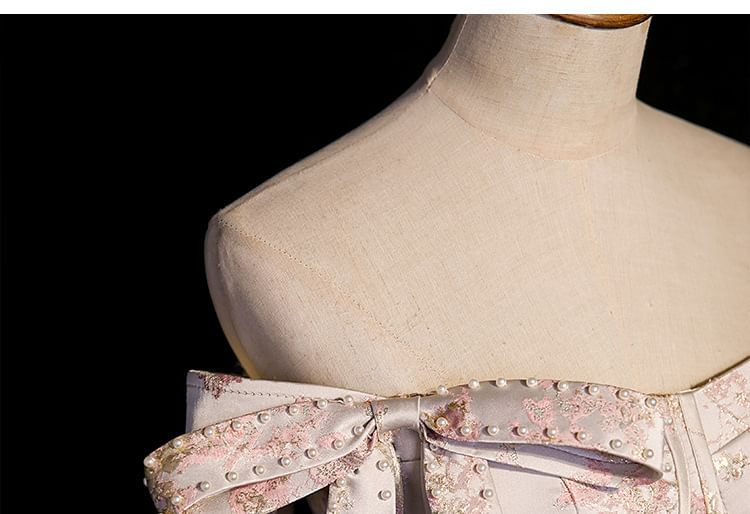 Floral Evening Faux Gown Off-Shoulder Pearl Jacquard A-Line Bow