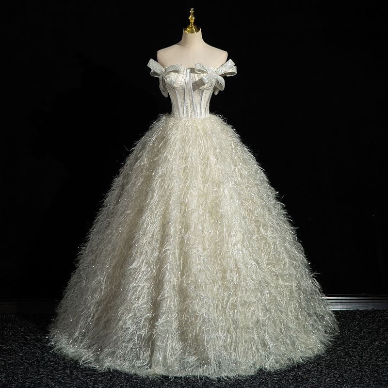 Strapless Glitter Fringed Accent Ball Gown Bow Corset