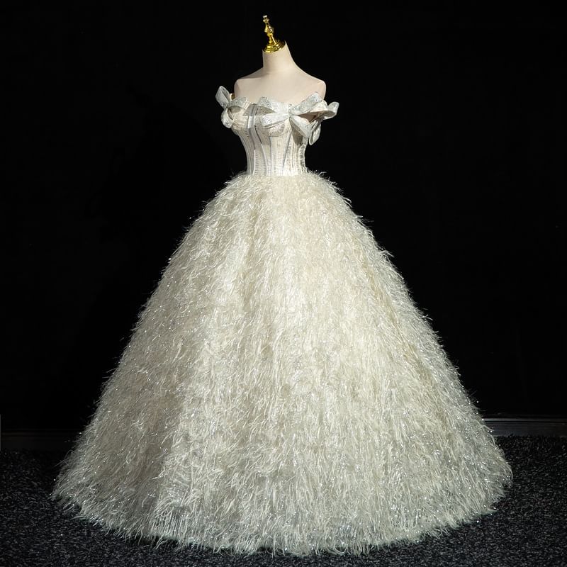 Strapless Glitter Fringed Accent Ball Gown Bow Corset