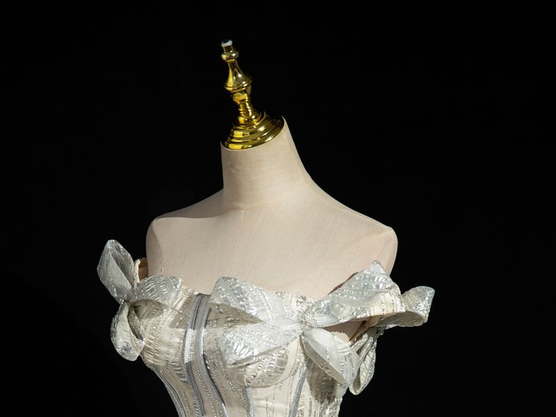 Strapless Glitter Fringed Accent Ball Gown Bow Corset