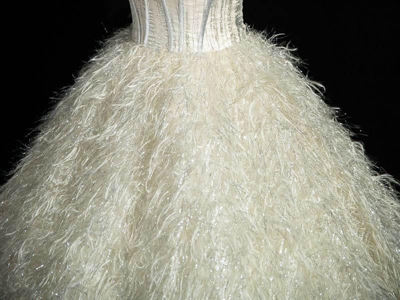 Strapless Glitter Fringed Accent Ball Gown Bow Corset