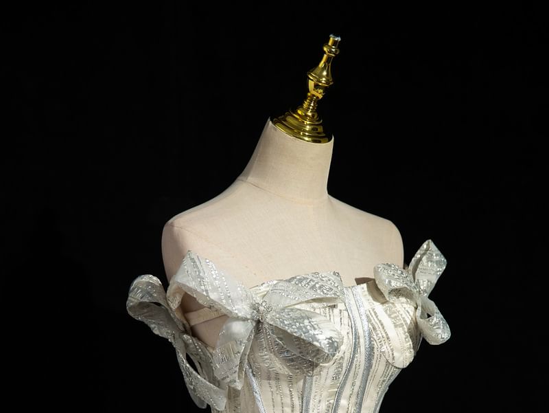 Strapless Glitter Fringed Accent Ball Gown Bow Corset