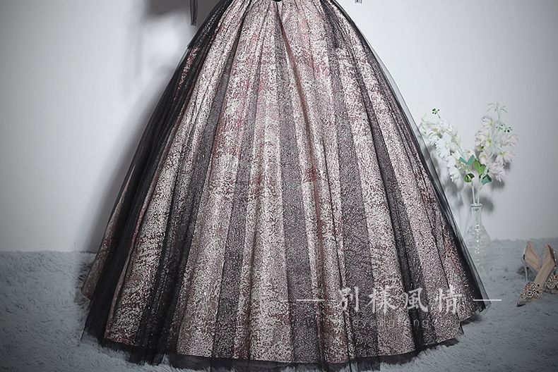 Puff-Sleeve Accent Glitter Panel Ball Bow V-Neck Mesh Gown