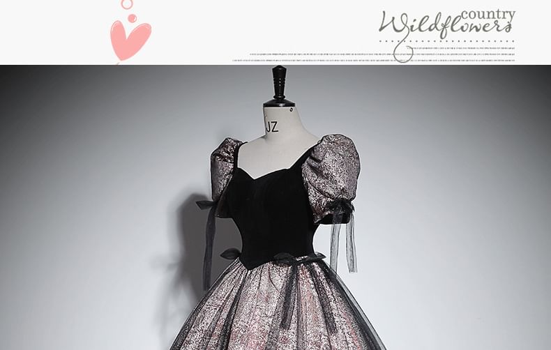 Puff-Sleeve Accent Glitter Panel Ball Bow V-Neck Mesh Gown