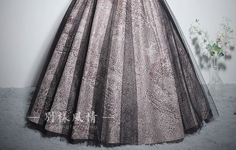 Puff-Sleeve Accent Glitter Panel Ball Bow V-Neck Mesh Gown