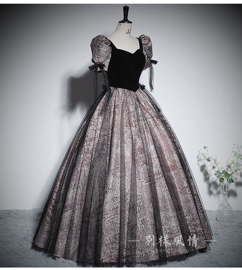 Puff-Sleeve Accent Glitter Panel Ball Bow V-Neck Mesh Gown