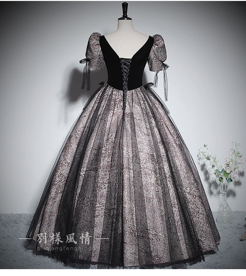 Puff-Sleeve Accent Glitter Panel Ball Bow V-Neck Mesh Gown