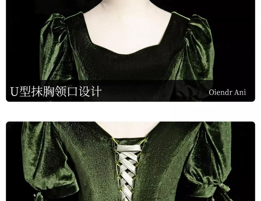 Jacquard Floral Ball Square Accent Gown Puff-Sleeve Neck Bow Velvet Panel