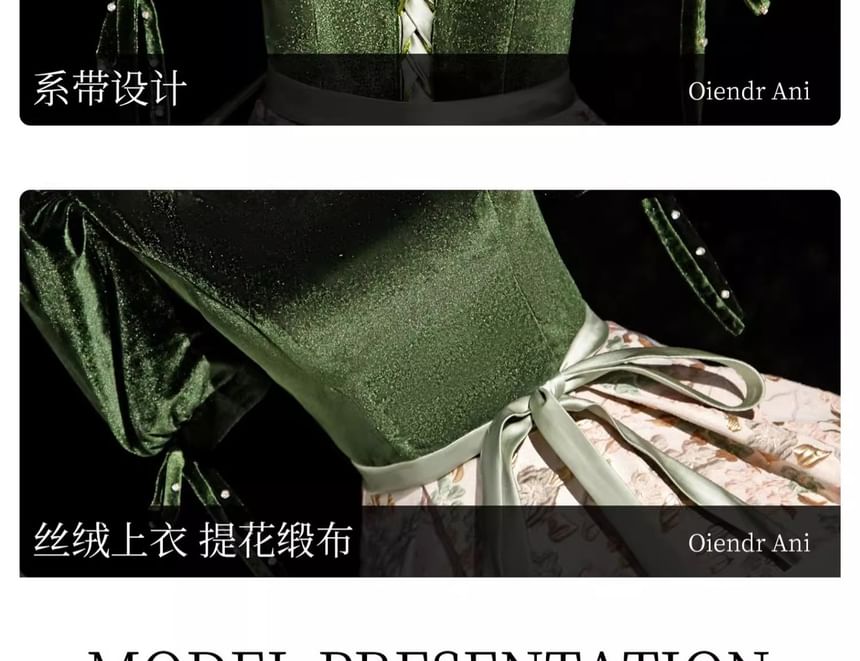 Jacquard Floral Ball Square Accent Gown Puff-Sleeve Neck Bow Velvet Panel