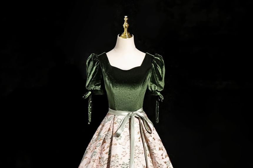 Jacquard Floral Ball Square Accent Gown Puff-Sleeve Neck Bow Velvet Panel