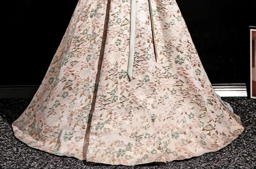 Jacquard Floral Ball Square Accent Gown Puff-Sleeve Neck Bow Velvet Panel