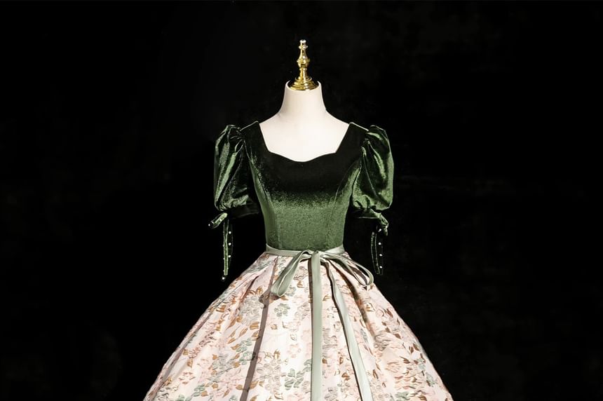 Jacquard Floral Ball Square Accent Gown Puff-Sleeve Neck Bow Velvet Panel