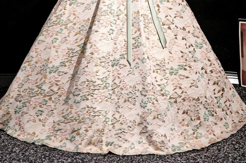 Jacquard Floral Ball Square Accent Gown Puff-Sleeve Neck Bow Velvet Panel