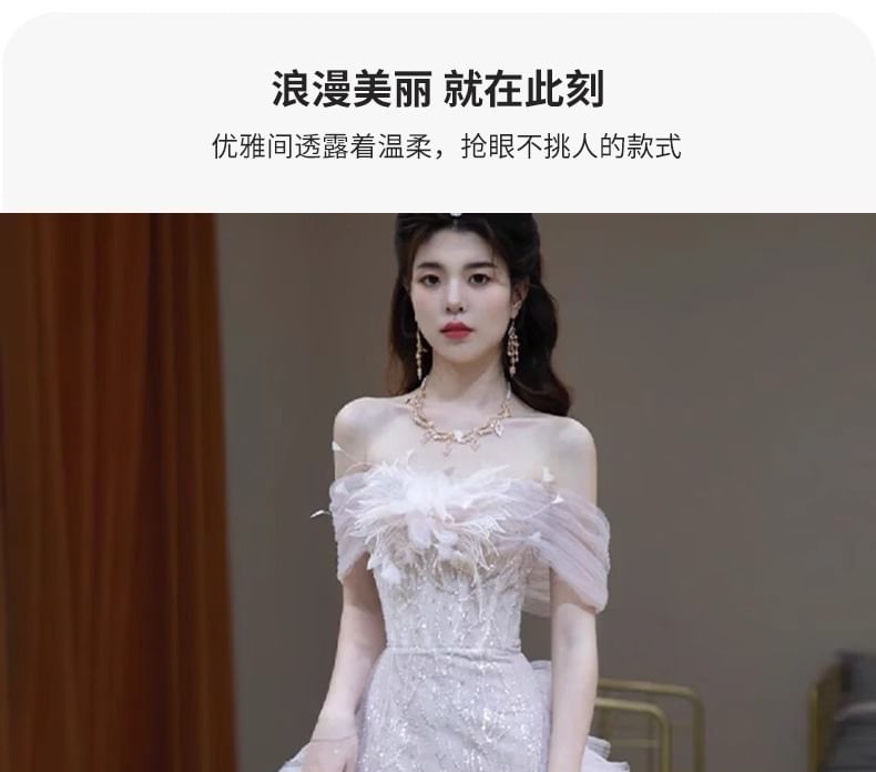 Panel Mesh Gown Evening Off-Shoulder Flower Accent Sequin Mermaid