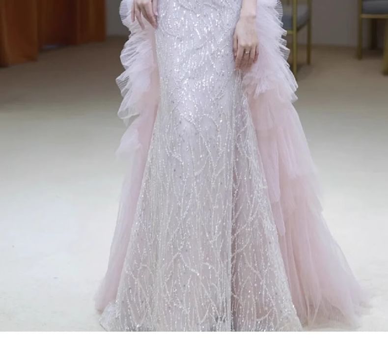 Panel Mesh Gown Evening Off-Shoulder Flower Accent Sequin Mermaid