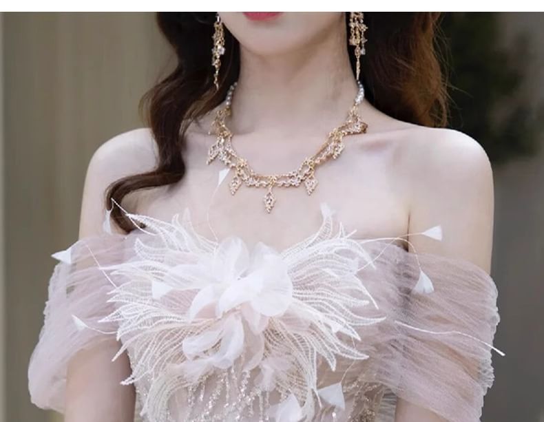 Panel Mesh Gown Evening Off-Shoulder Flower Accent Sequin Mermaid