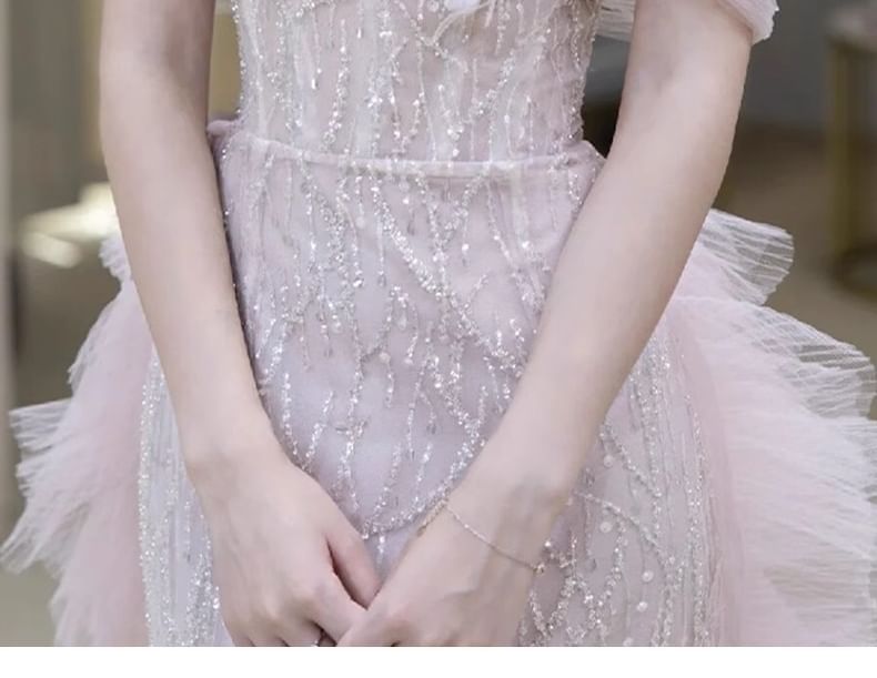 Panel Mesh Gown Evening Off-Shoulder Flower Accent Sequin Mermaid