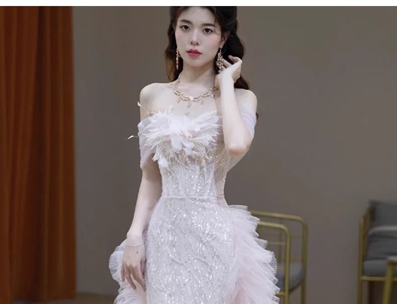 Panel Mesh Gown Evening Off-Shoulder Flower Accent Sequin Mermaid