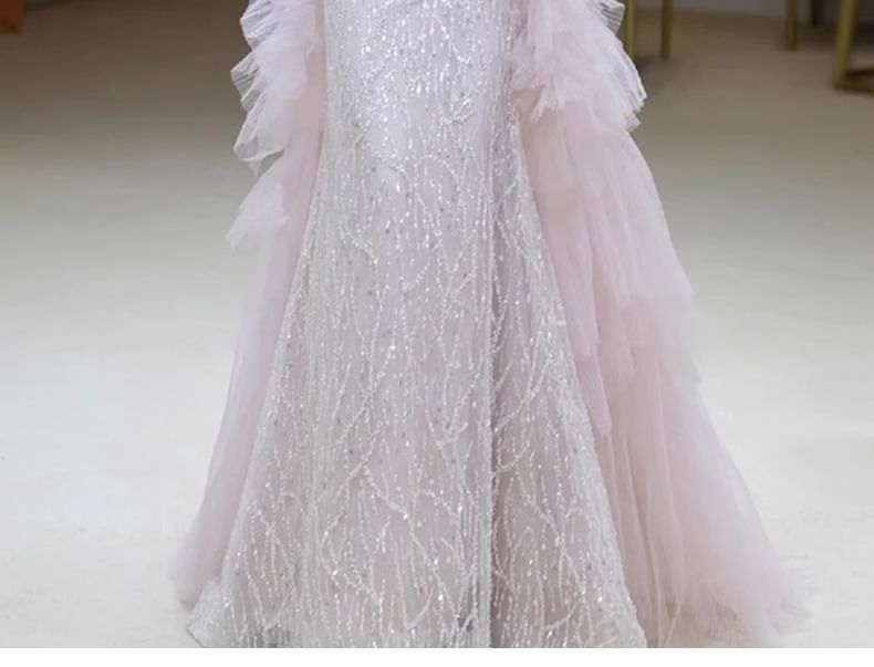 Panel Mesh Gown Evening Off-Shoulder Flower Accent Sequin Mermaid