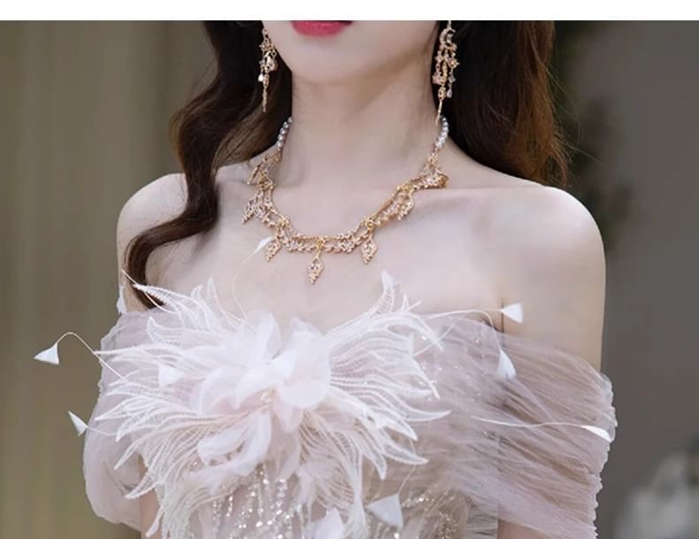 Panel Mesh Gown Evening Off-Shoulder Flower Accent Sequin Mermaid