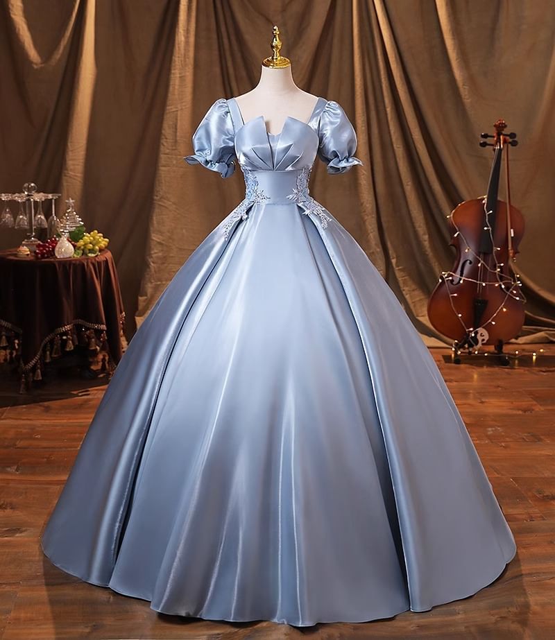 Embroidered Neck Plain Evening Gown Short-Sleeve Square Ball