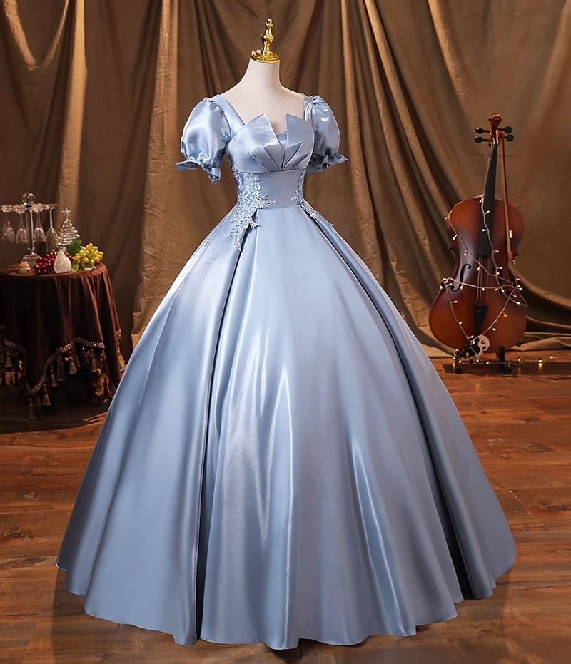 Embroidered Neck Plain Evening Gown Short-Sleeve Square Ball