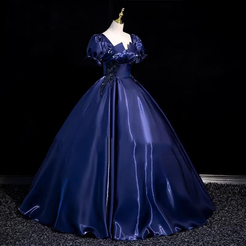 Embroidered Neck Plain Evening Gown Short-Sleeve Square Ball