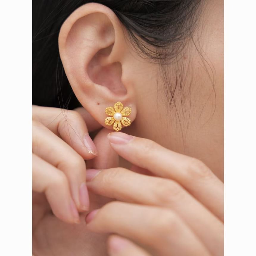 Faux Alloy Earring Floral Stud Pearl