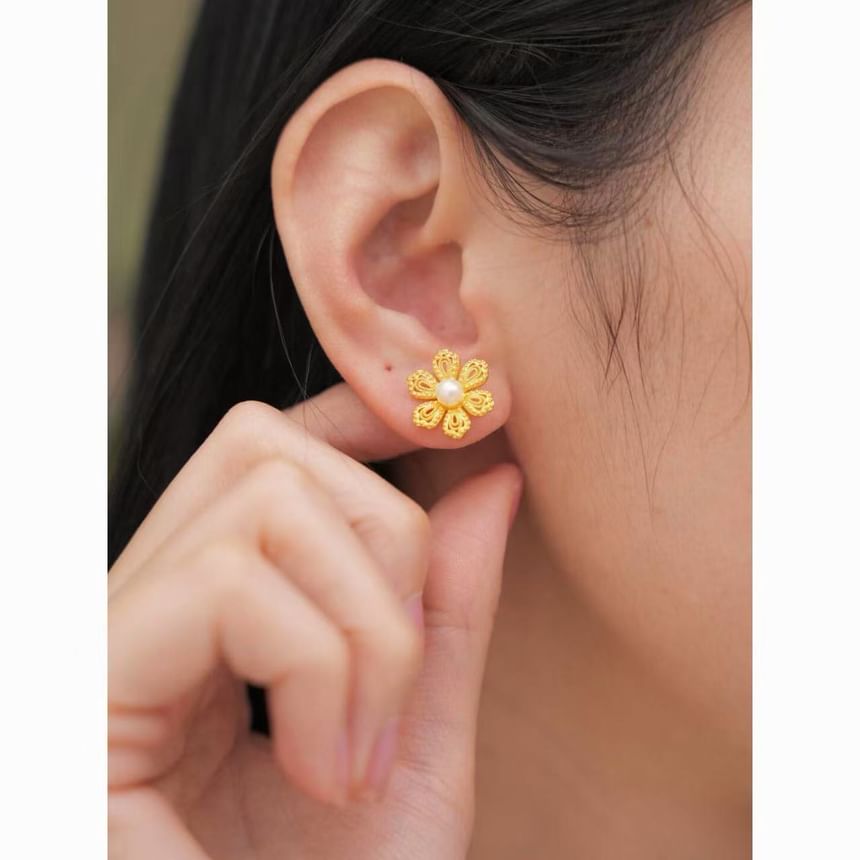 Faux Alloy Earring Floral Stud Pearl
