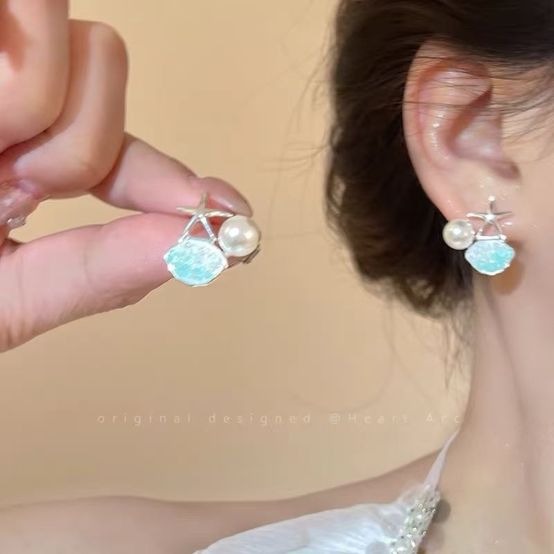 Stud Faux Alloy Rhinestone Starfish Pearl Earring