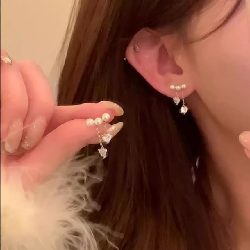 Heart Faux Alloy Dangle Pearl Earring Rhinestone
