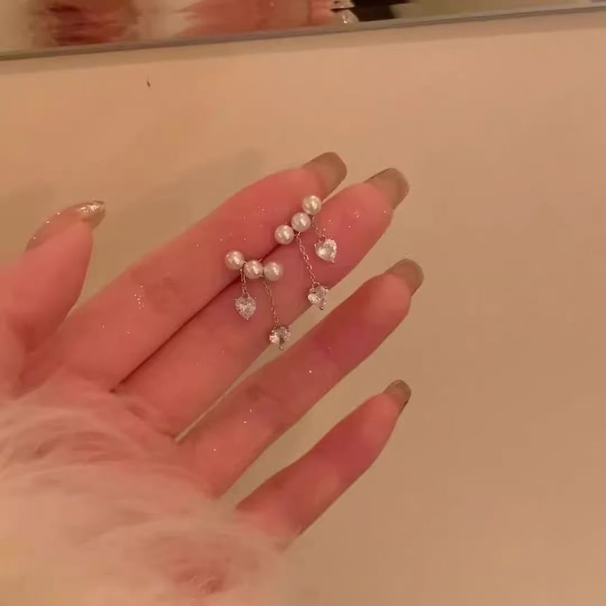 Heart Faux Alloy Dangle Pearl Earring Rhinestone