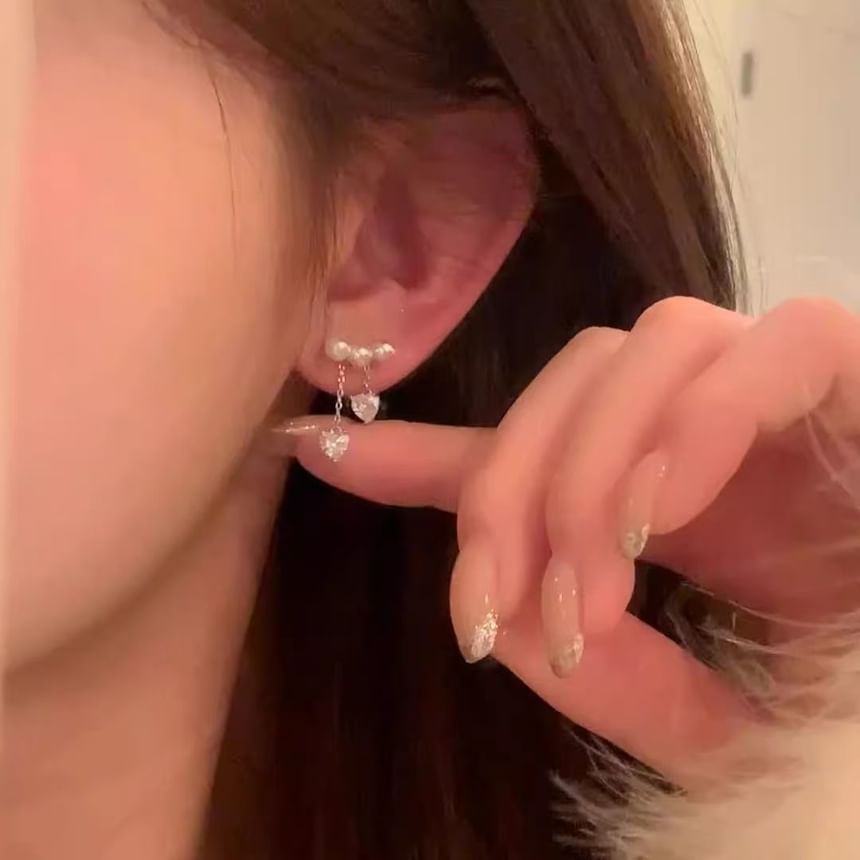 Heart Faux Alloy Dangle Pearl Earring Rhinestone