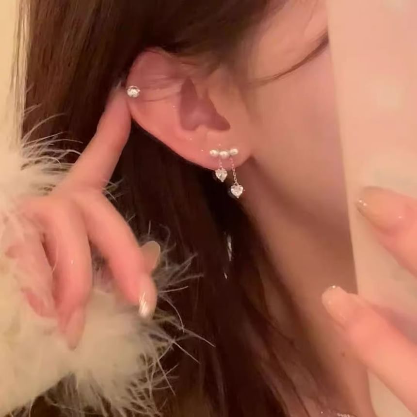 Heart Faux Alloy Dangle Pearl Earring Rhinestone