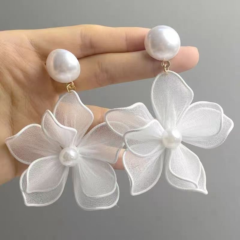Faux Floral Mesh Pearl Statement Earring Alloy