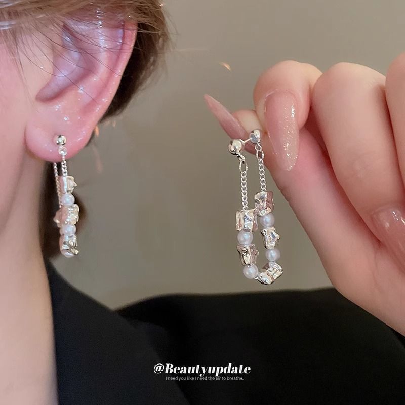 Chain Hoop Pearl Dangle Alloy Faux Earring